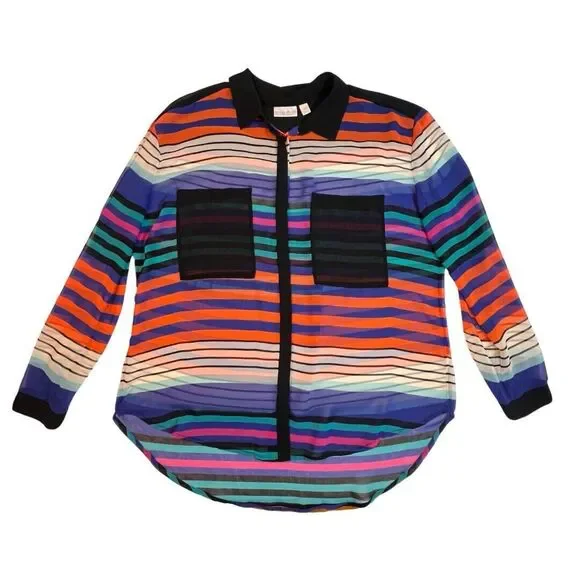 Bisou Busou Blouse Womens XL Colorful Bright Stripes Sheer Button Up Shirt - Picture 7 of 9